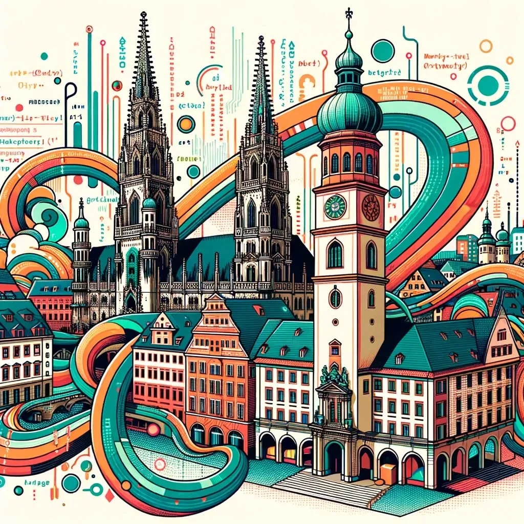 Farbige Illustration von Augsburger Rathaus und Perlachturm