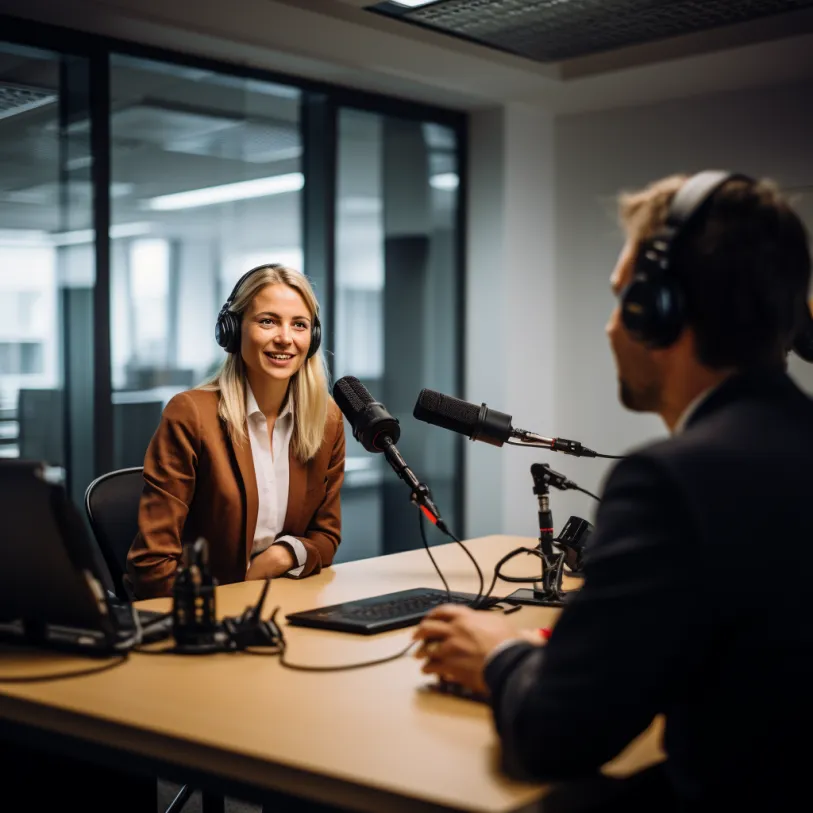 Zwei Personen bei einer Podcast-Aufnahme im Büro