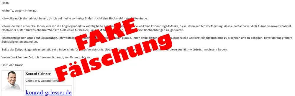 Als Fälschung markierte E-Mail, die unter dem Namen Konrad Griesser verschickt wurde