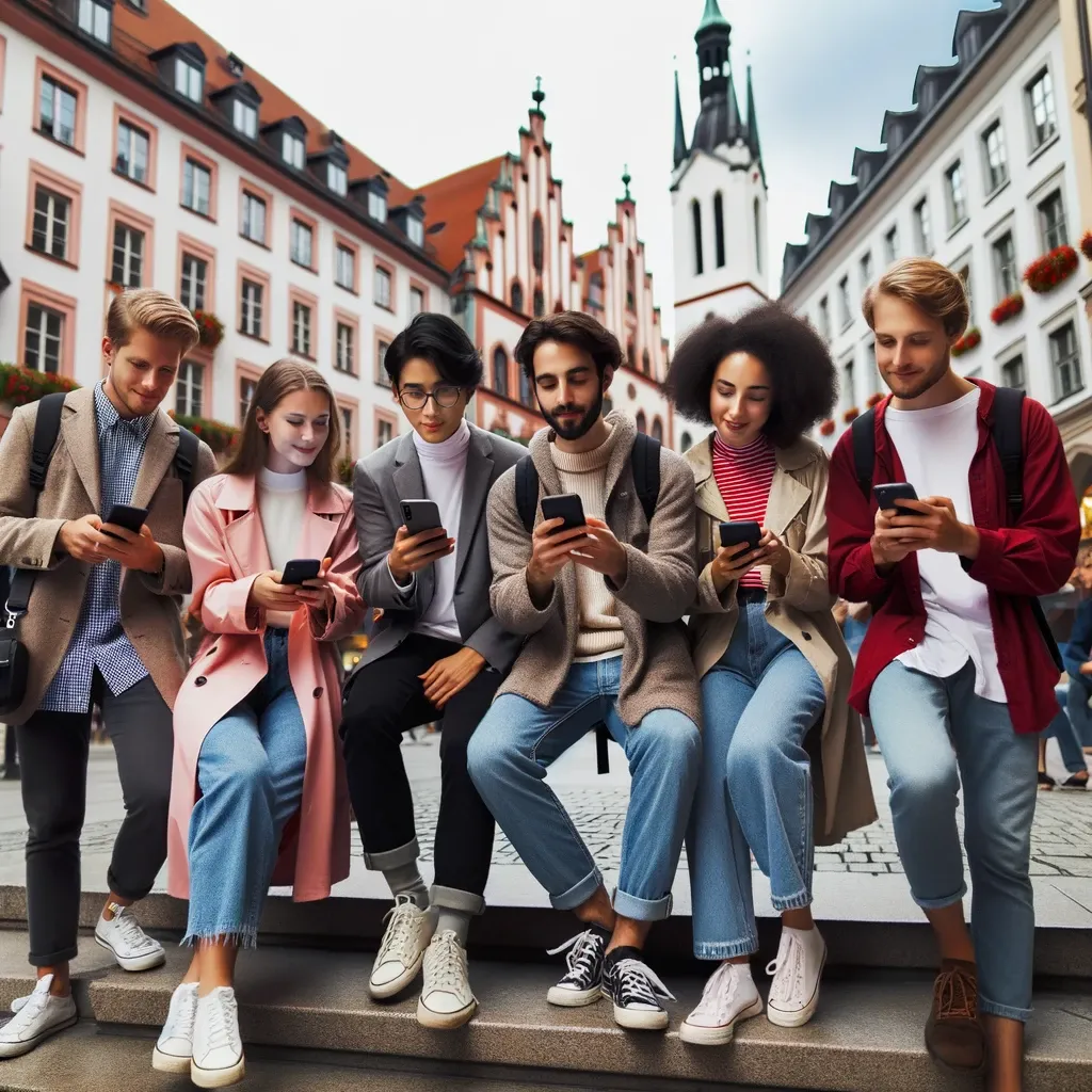 Junge Leute mit Smartphones vor Münchner Altstadtfassaden