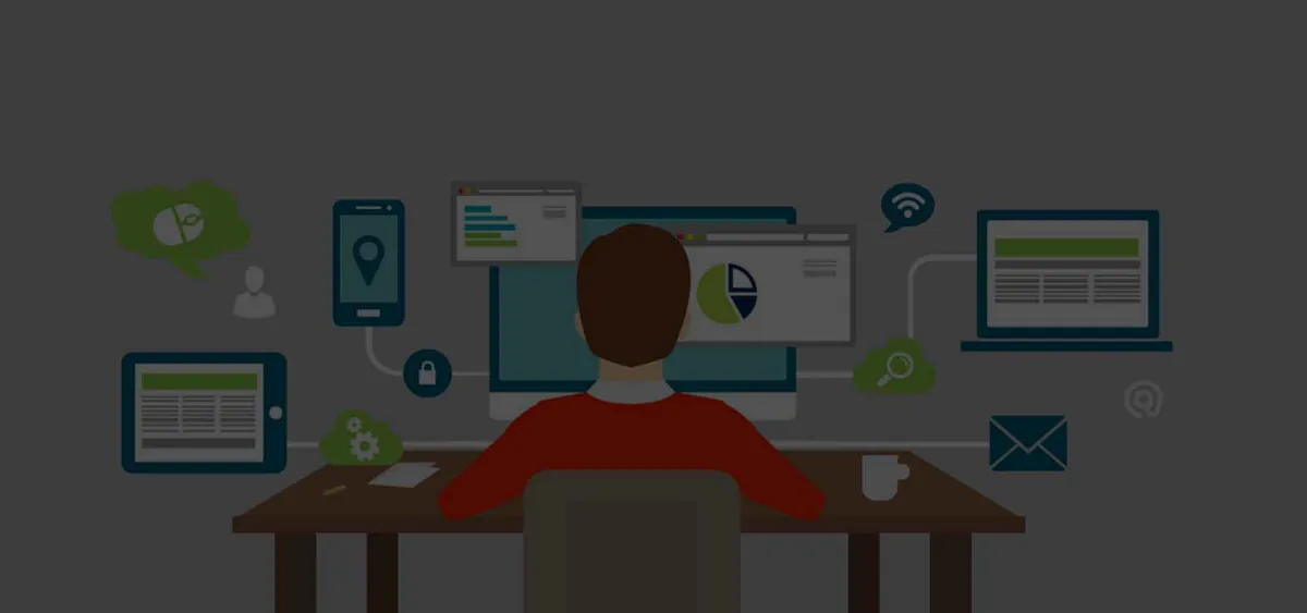 Illustration: Webdesigner am Schreibtisch, umgeben von Bildschirmen und Geräten